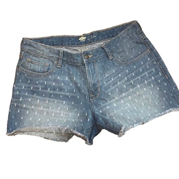 •OLD NAVY•MIDI RAW EDGE HEM DOTTED TEXTURED DENIM SHORTS IN SZIE 8 REGULAR EUC - Picture 1 of 6